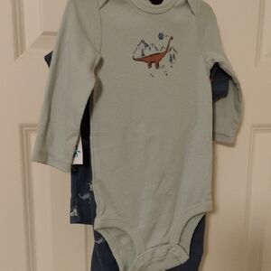 child of mine Sage Green Long-Sleeve Dino Chest Print One-Piece